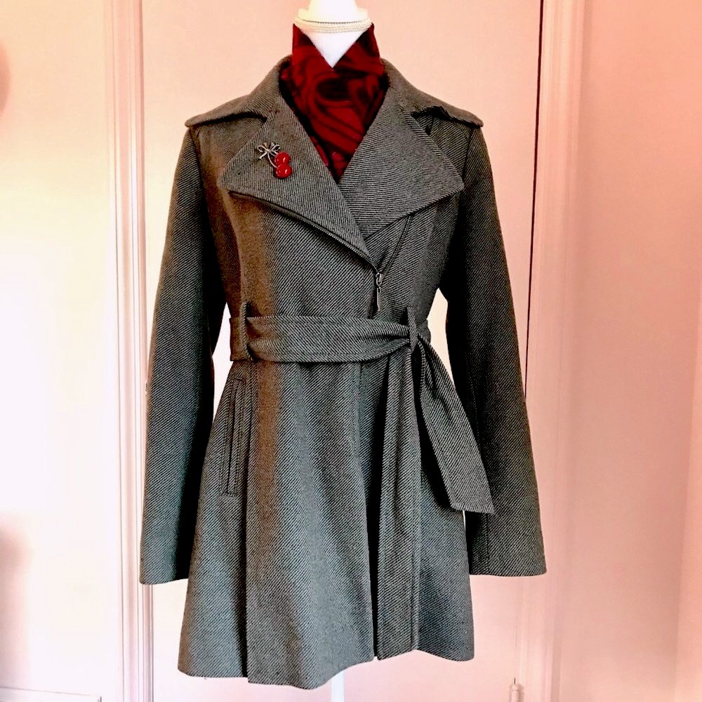 JONES NEW YORK Charcoal Gray Belted Winter Coat